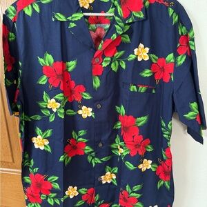 Royal Creations Floral Hawaiian Shirt - Navy with Red, Green, & Yellow Accents L